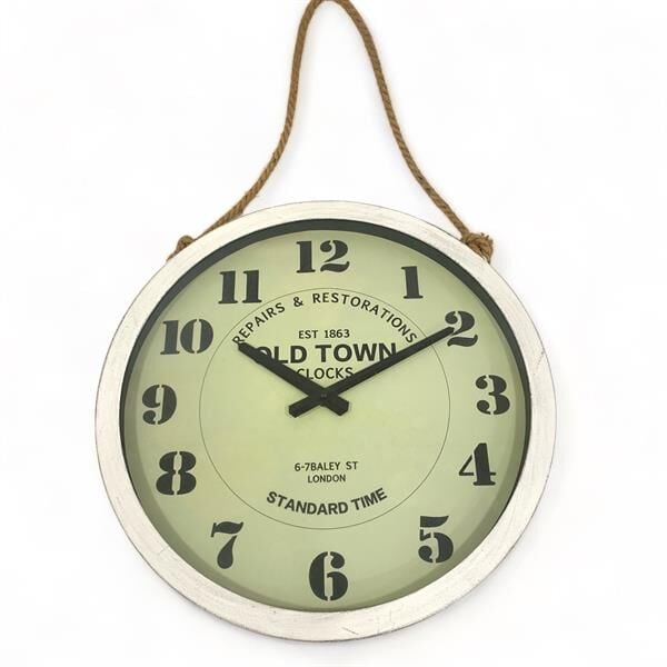 Halatlı Eskitme Duvar Saati - Beyaz